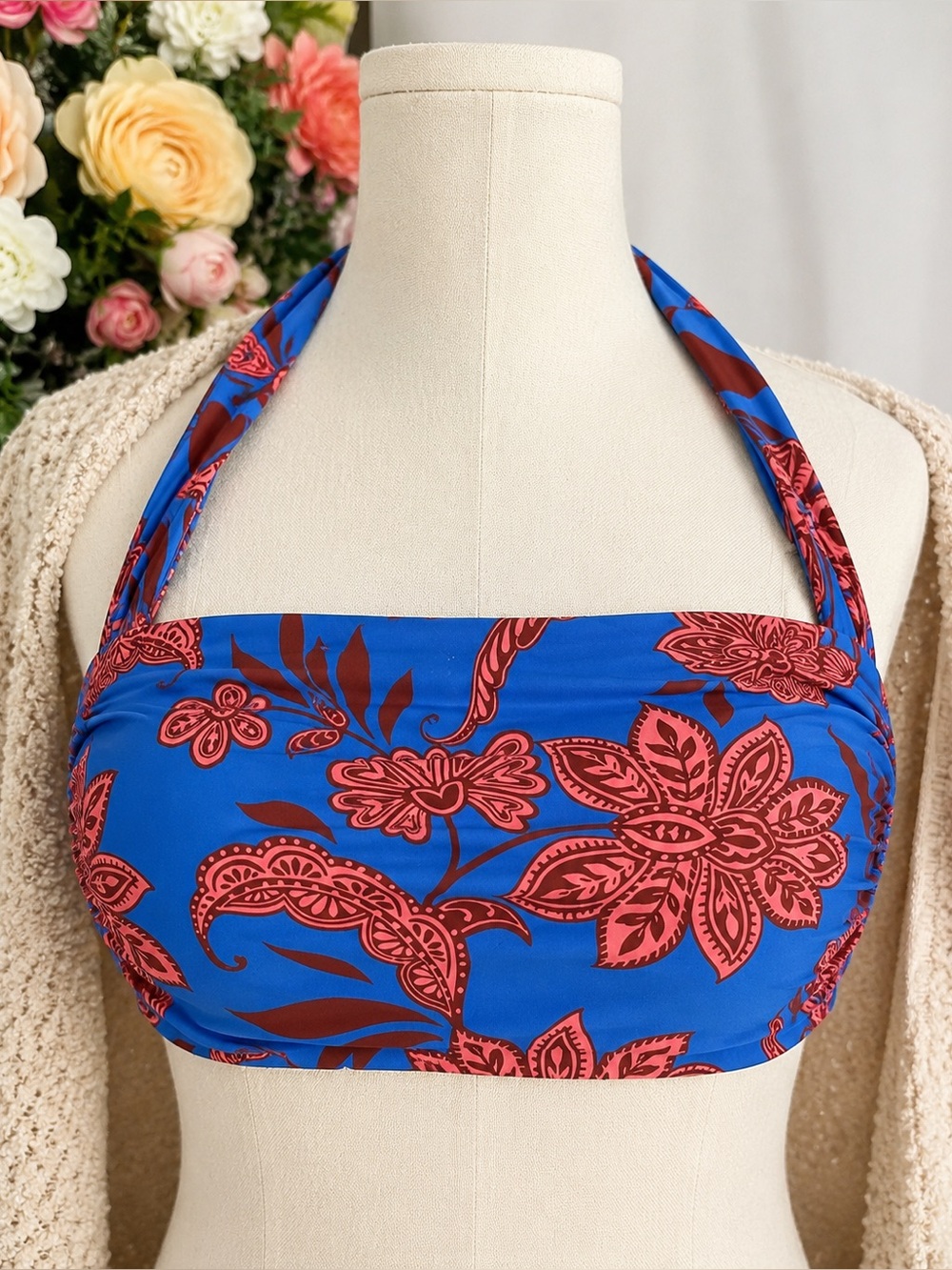 Boden Kythira Ruched Bikini Top Blue Elegant Blossom Halter Swim US 10 NWT